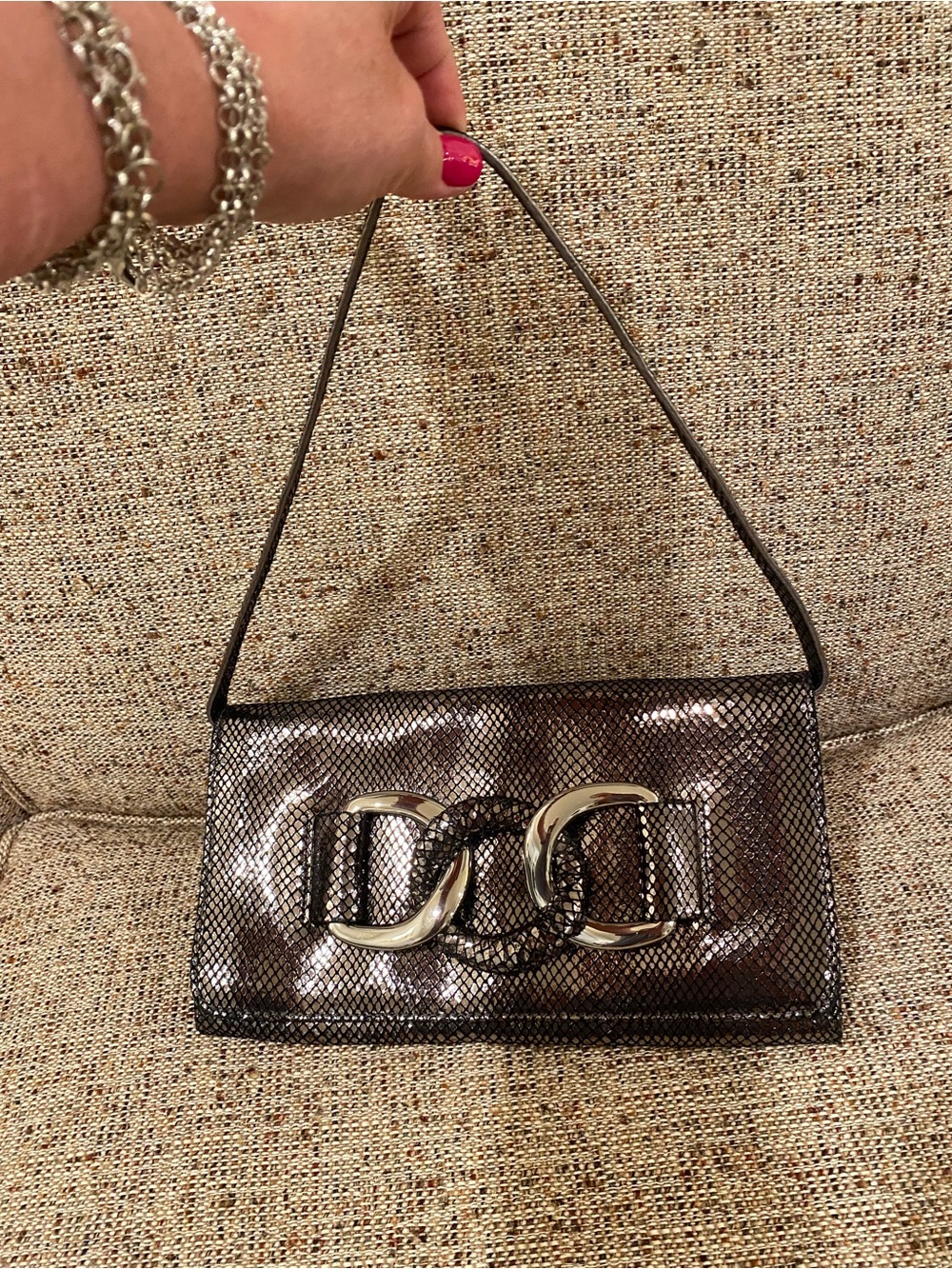 Vintage Brand New MK Black Metallic Snakeskin-Effect Clutch with Silver Buckle - Picture 16 of 16